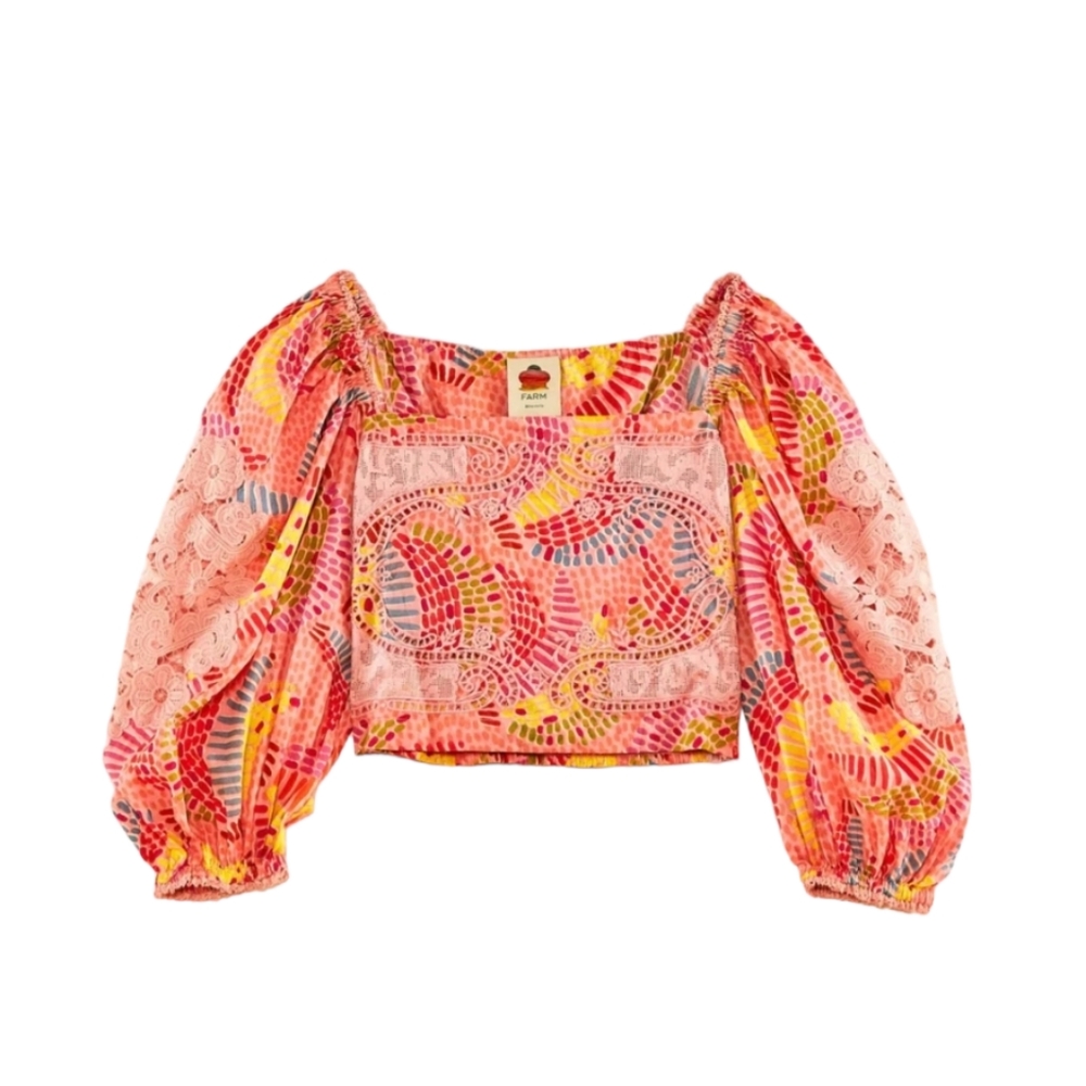 Farm Rio Dotted Bananas Blouse Lace Tropical Women's Medium